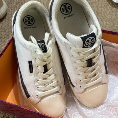 Tory Burch Tennis Shoes Classic Court Size 8M White Navy Logo Toe Cap With Box - Image 1 of 4