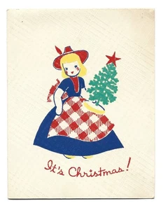 30er-40er Jahre Vintage Weihnachtsgrußkarte Norcross Mädchen mit Baum - Bild 1 von 2