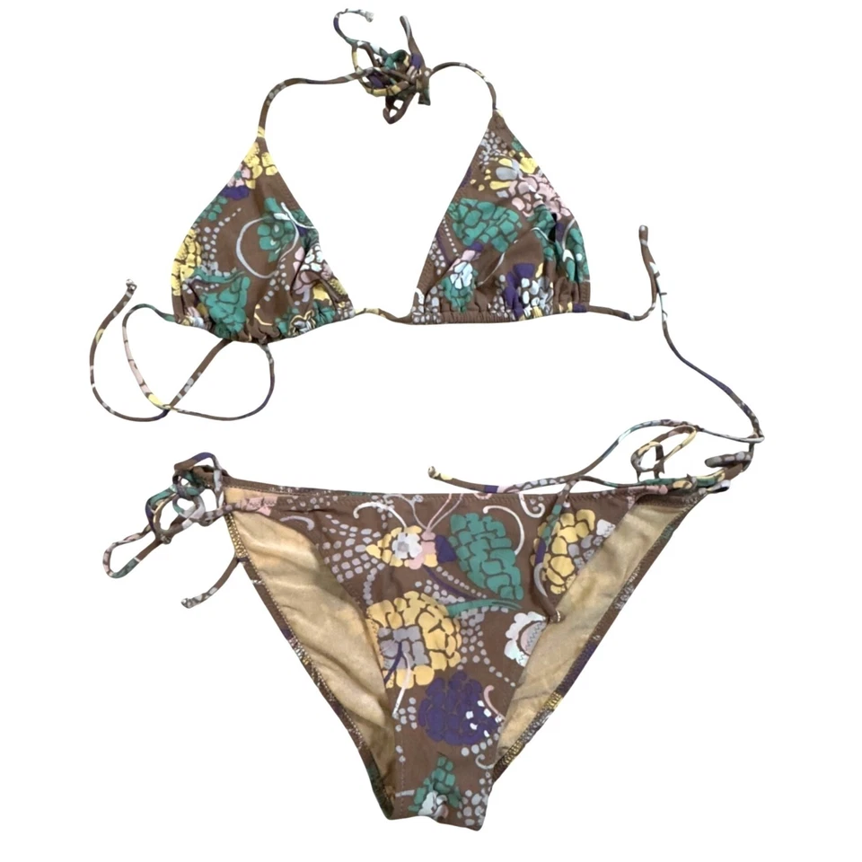 Missioni Swim 42/6 Floral Print Triangle String Bikini Swimsuit Multicolor Brown - Image 1 of 4
