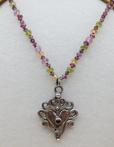 Faceted Beaded Pink Yellow Green Tourmaline Sterling Silver Heart Necklace #958 - Picture 1 of 20