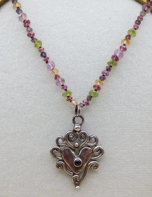 Faceted Beaded Pink Yellow Green Tourmaline Sterling Silver Heart Necklace #958 - Image 1 of 4