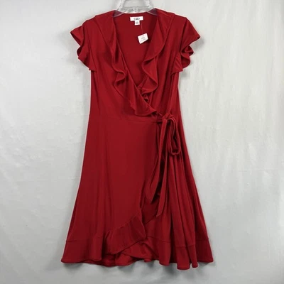 Cato Wrap Dress Womens Small Red Ruffled Cap Flutter Sleeve Stretch Knit New - Image 1 of 4