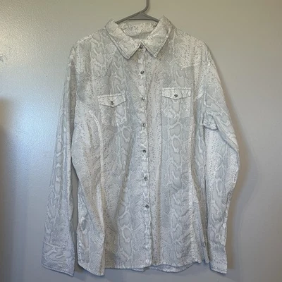 Rock Roll Cowgirl Shirt Women XXL Western Snakeskin Print Embroidered Pearl Snap - Image 1 of 4