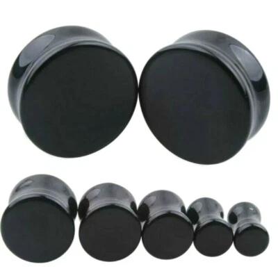 4MM-24MM STEIN OHR PLUG SCHWARZ ACHAT ONYX TUNNEL PIERCING STONE PLUGS FLESH NEU - Bild 1 von 2