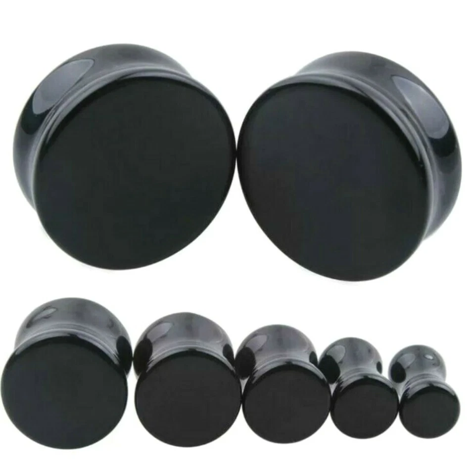 4MM-24MM STEIN OHR PLUG SCHWARZ ACHAT ONYX TUNNEL PIERCING STONE PLUGS FLESH NEU - Bild 1 von 2