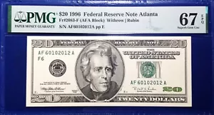 1996 $20 Federal Reserve Note Fr-2083-F Atlanta PMG67 Superb Gem EPQ - Picture 1 of 2