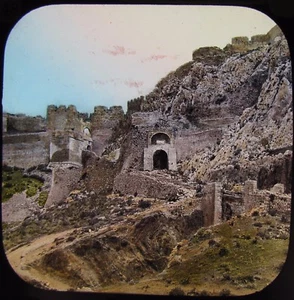 Glass Magic Lantern Slide ACROCORINTH OLD FORTIFICATIONS C1890 PHOTO GREECE - Picture 1 of 2