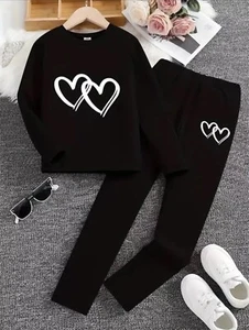 Girls 2pcs Heart Print Set Long Sleeve Casual Suit - Picture 1 of 6