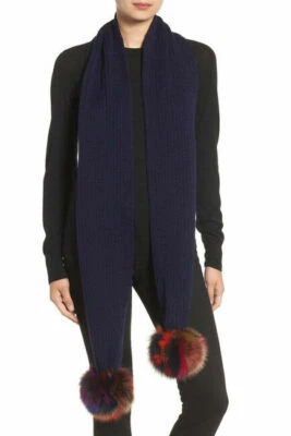 Scarf Jocelyn Dark Navy Knit Long Multi-Color Dyed Fox Fur Pom Poms Warm NWT - Image 1 of 4