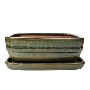 Green Bonsai Pot & Drip Tray | 160x120x55 | Glazed Ceramic Pot | Rectangle - Picture 1 of 1