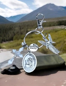St. Saint Christopher guardian angel white cross lobster clasp driver keychain - Picture 1 of 2