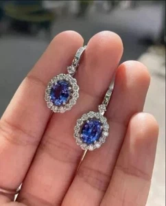 3.00 Ct Oval Cut Lab-Created Sapphire Drop Dangle Earrings 14k White Gold Plated - Picture 1 of 3