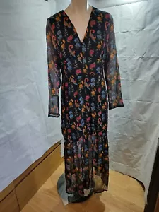 GLAMOROUS black floral print V neck long sleeve chiffon maxi dress size 14 NEW - Picture 1 of 4