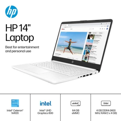 HP 14-inch HD Laptop Celeron N4120 1.10GHz 4GB RAM 64GB eMMC 14-DQ0052DX White - Image 1 of 4