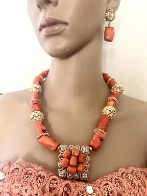 Coral Necklace Bracelet And Earrings Set, African Coral, Nigerian Coral, Coral - Image 1 of 3