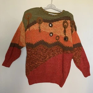 MarieaKim sz Large Southwest Style Ramie Blend Vintage Sweater  Suede Beads Y2K - Picture 1 of 12