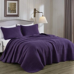 Kingston Queen Size Bedspread Set, 3-Piece Dark Purple Oversized Quilted Micr... - Picture 1 of 9