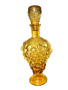 Vintage Italian Amber Glass Decanter With Stopper Embossed Grapes Bubbles MCM - Picture 1 of 13