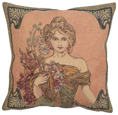 European Cushion Cover Alphonse Mucha Spring Design 18x18 Belgian Art Pillow - Image 1 of 4
