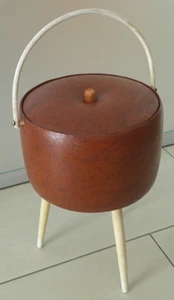 Nähkästchen Nähkasten Kästchen Korb rund braunes Lederimitat weiße Füßchen + Hen - Bild 1 von 17