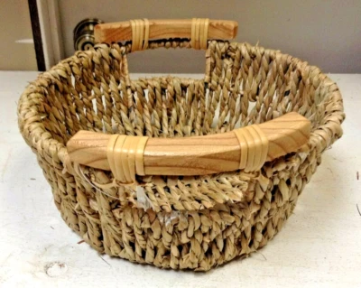 Круглый тканый органайзер для хранения водорослей игрушка корзина для ванны деревянные ручки 11,5x5 МАЛЕНЬКИЙ - Изображение 1 из 2