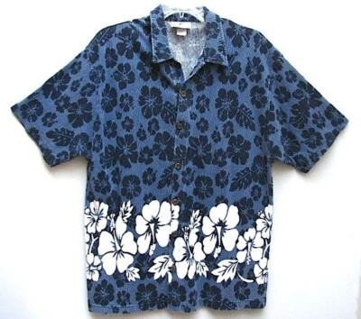 Mens Aloha Shirt Blue White Floral Corduroy Beach Surf Vtg Point Zero Size L - Image 1 of 4