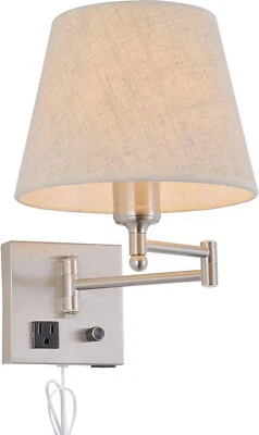 Wall Mount Light Beside Dimmable Switch And Outlet Swing Arm Fabric Shade Lamp - Image 1 of 4
