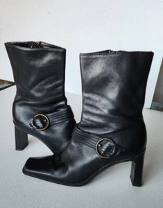 Women's Anne Klein Black Leather Mid Calf Side Zip Heeled Boot Buckle Accent... - Picture 1 of 7
