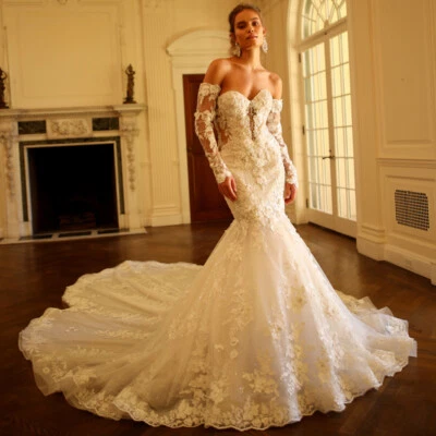 Luxury Beaded Mermaid Wedding Dress Strapless Backless Lace Applique Bridal Gown - Image 1 of 4