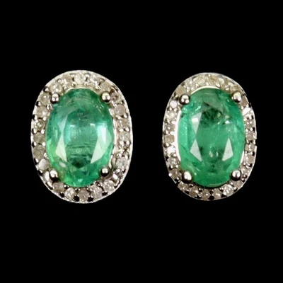 925 Sterling Silver Earrings Oval Emerald 6x4mm Diamond 64pcs Gemstone Jewelry - Image 1 of 4