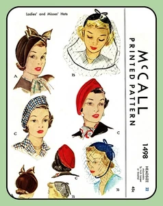 Vintage 1940's HAT Pattern TURBAN Cap BERET Ladies 21.5"-22.5" McCall 1498 - Picture 1 of 5