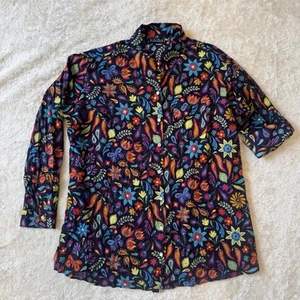 Kikisol Floral Tunic Top XXL 100% Cotton Lightweight Button Up Cover Up Roll Tab - Picture 1 of 11