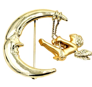 Vintage Danecraft Cupid On The Moon Gold Tone Brooch Cherub Swinging - Picture 1 of 5