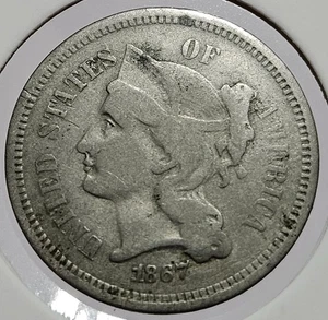 1867 Three Cent Piece Nickel 3c Antique United States of America III Coin - Picture 1 of 2