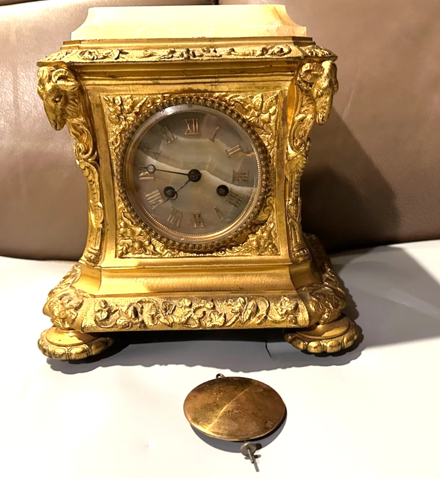 Antique Mantel Striking Key Wind Brass Clock, For repairs - Image 1 of 4