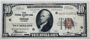 1929 G $10 CIRCULATED BROWN SEAL FEDERAL RESERVE NOTE G03074265 A - Picture 1 of 2