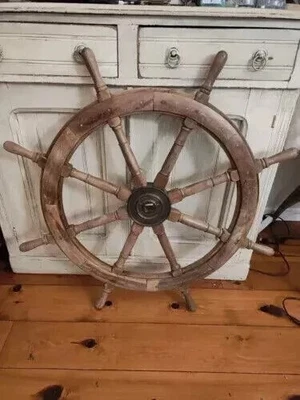 Brass Ship Boat Vintage Nautical 36" Steering Wheel Old Weathered Wooden Ship - Image 1 of 4
