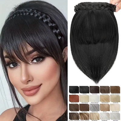 Braided Headband Straight Topper Hair Piece with Neat Bangs Natural Christmas US - Image 1 of 4