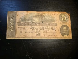 Antique 1864 $5 Confederate Bank Note B Series #62313 Richmond, VA Uncertified - Picture 1 of 8