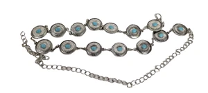 Concho Belt Silver Tone Chain Link Faux Turquoise Westerncore Hip Swag Southwest - Picture 1 of 5