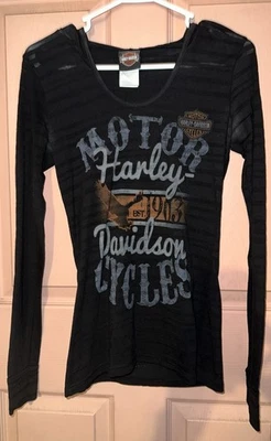 Harley Davidson Womens Light Weight Long Sleeve Hooded Black T-Shirt Size M - Image 1 of 4