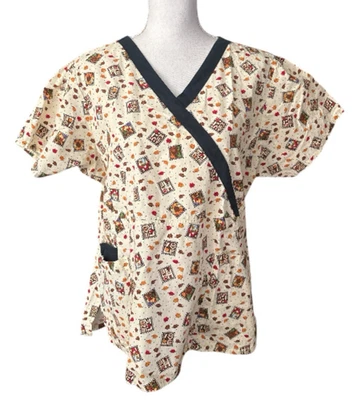 Mary Engelbreit Size Large Fall Autumn Leaves Family Love Home V Neck Scrub Top - Image 1 of 4