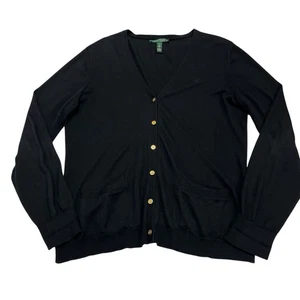 Lauren Ralph Lauren Sweater Womens XL Black Cardigan Old Money Logo Preppy - Picture 1 of 7