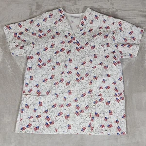 Peaches Uniforms Scrub Top Womens Large USA Flag Patriotic Medical Doctor Nurse - Picture 1 of 7