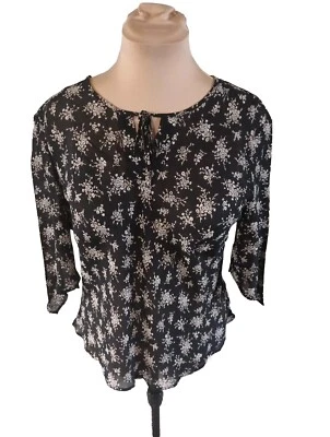 BHS Petites Black Beige Floral Viscose Chiffon Top UK 16 Tie Neck 3/4 Sleeve A26 - Image 1 of 4
