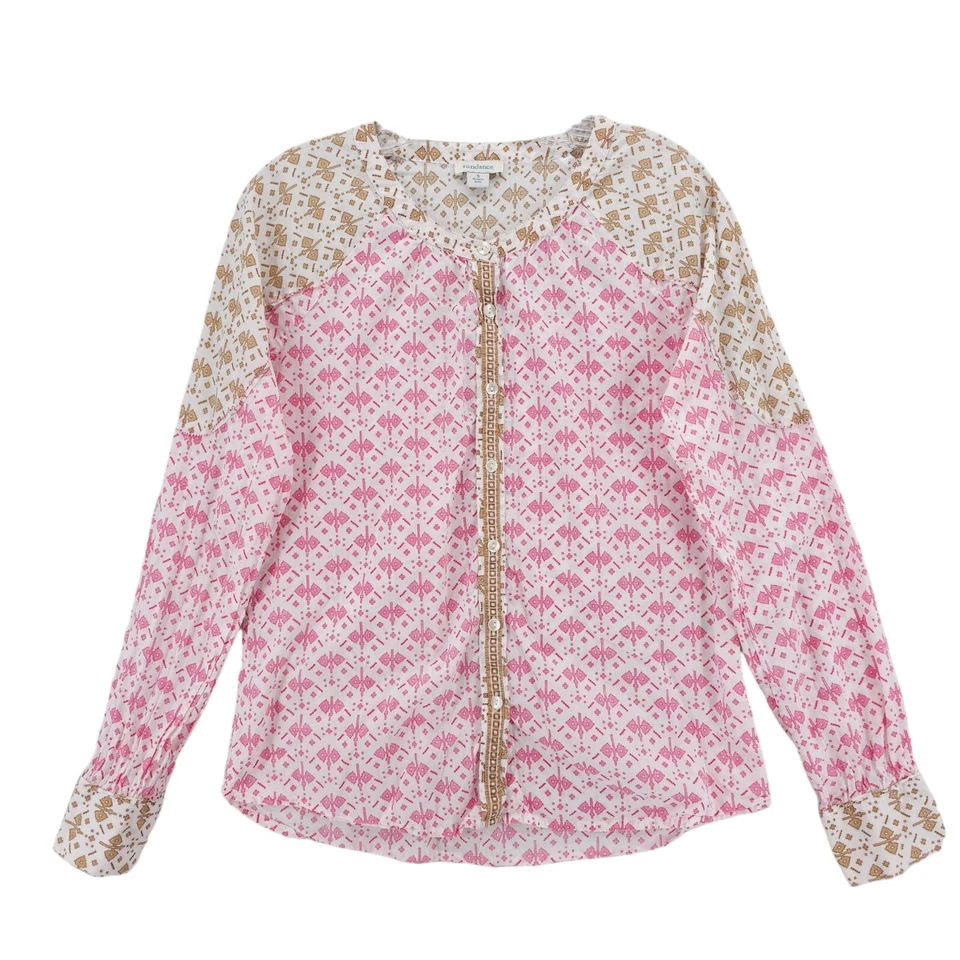 Blusa SUNDANCE Rosa Beige Blanco Camisa Geométrica Abotonada 100% Algodón PEQUEÑA Foto 1 de 4