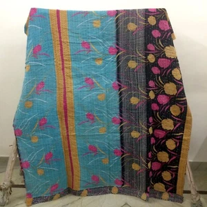 Vintage Indian Kantha Blanket Single Throw Bohemian 1 Pc Quilt Rally Gudari - Picture 1 of 2