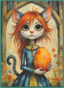 ACEO 2.5x3.5 watercolor painting - cat kitten girl Easter egg fantasy surreal - Picture 1 of 1