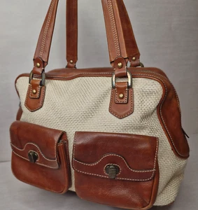 Cole Haan Tote Bag Ivory Weave & Brown Leather Unique Style Fair/Good Condition - Picture 1 of 23