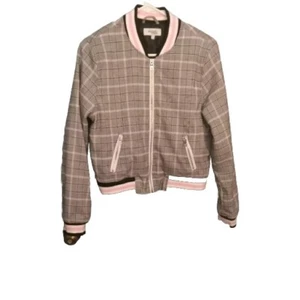 Women's Bomber Jacket M Black Pink Plaid 50s Kawaii Y2K Barbie Coquette Kidcore - Picture 1 of 8